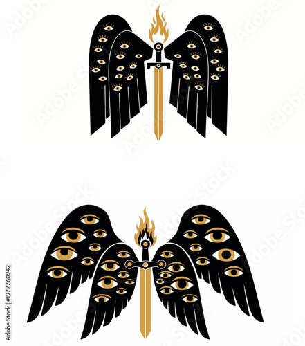 Symmetrical graphic art of a biblically accurate seraphim angel featuring black wings covered in multiple eyes and a central flaming golden sword.