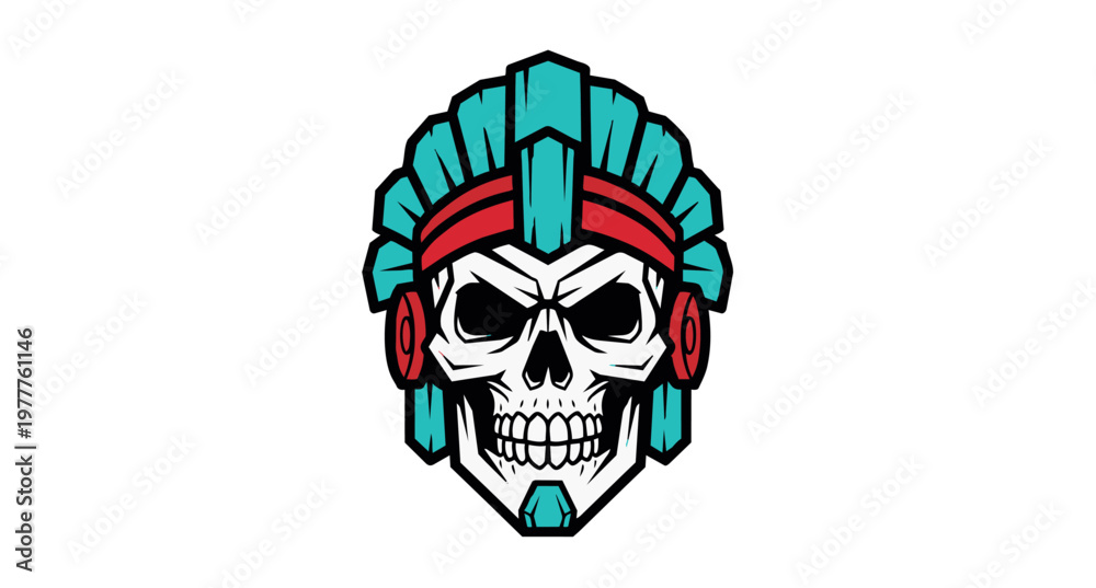 Fototapeta premium A vibrant vector illustration of a human skull wearing a stylized turquoise and red mohawk helmet or hair, inspired by punk and tribal aesthetics.
