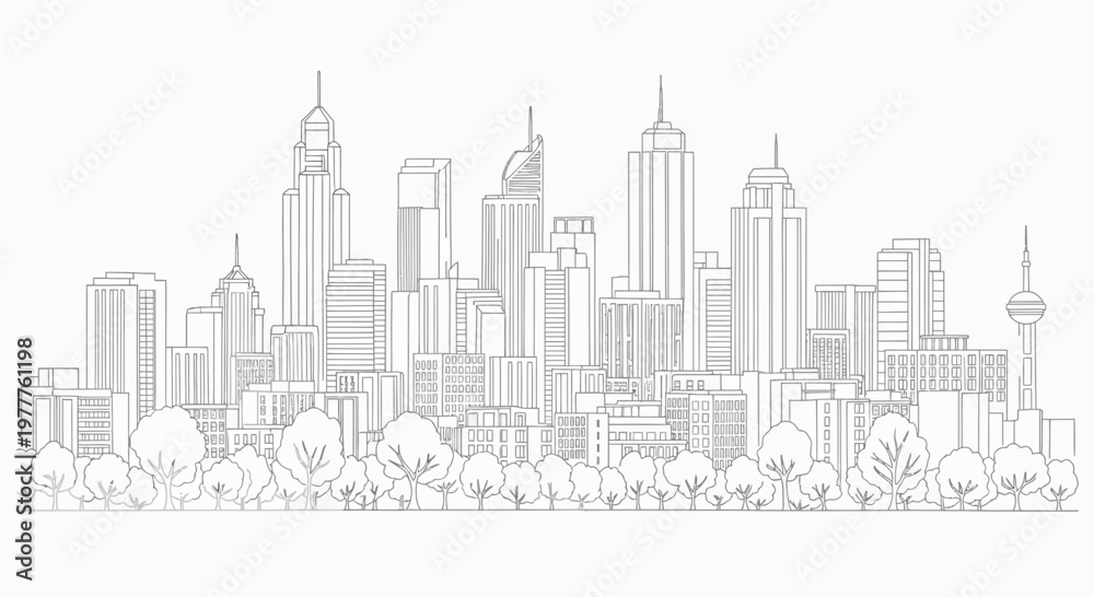 Obraz premium Cityscape sketch with trees in foreground, urban skyline drawing, architectural design
