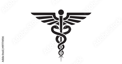 Medical caduceus symbol with two snakes entwined around a winged staff representing healthcare, medicine, and pharmaceutical industries.