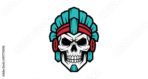 A vibrant vector illustration of a human skull wearing a stylized turquoise and red mohawk helmet or hair, inspired by punk and tribal aesthetics.