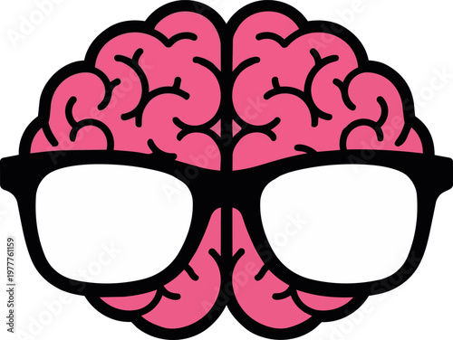 Clever vector illustration of a pink human brain wearing oversized black nerd glasses, representing intelligence, education, smartness, and a 'geek' or 'nerd' persona.