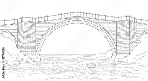 Ancient Stone Bridge Arching Over Flowing River in Detailed Line Drawing