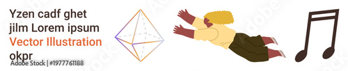 Creativity, music, geometric design, education, motion, abstract concepts. A geometric shape, a flying woman figure and a music note. Creativity and music ideas