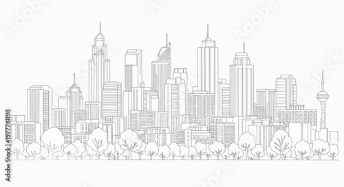 Cityscape sketch with trees in foreground, urban skyline drawing, architectural design