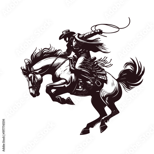 PrintCowboy on a rearing horse with a lasso