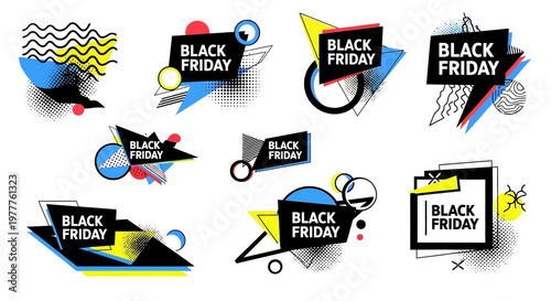Black Friday Sale Abstract Geometric Shapes Set, Modern Memphis Style Labels