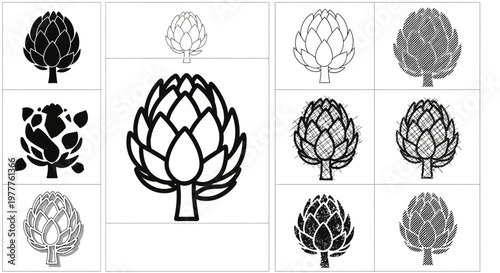 Artichoke Vector Icons Set: Silhouette, Outline, Sketch, and Textured Styles
