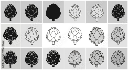 Artichoke Illustrations: Various Styles, Black and White, Isolated on Gray Background