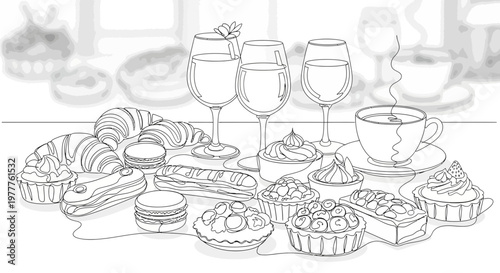 Assortment of French Pastries, Croissants, Macarons, Eclairs, Tarts, and Drinks