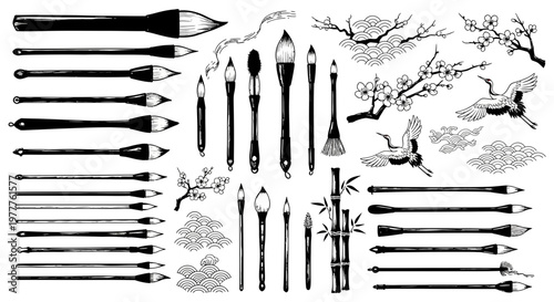 Chinese Calligraphy Brushes, Cranes, Bamboo, and Cherry Blossoms - Traditional Art Elements