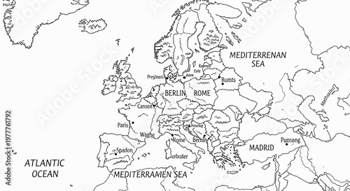 Europe Map Outline with Major Cities and Seas Labeled