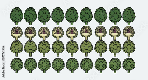 Fresh Artichokes Pattern, Whole and Halved, Isolated on White Background