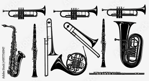 Collection of Brass and Woodwind Musical Instruments Silhouette Vector Art
