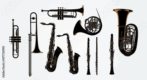 Collection of Brass and Woodwind Musical Instruments Silhouette