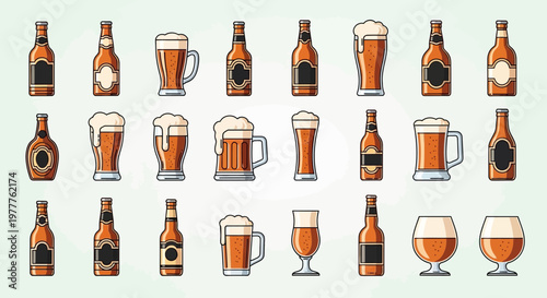 Collection of Beer Bottles and Glasses with Foam, Refreshing Drinks