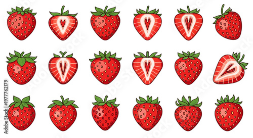 Fresh Strawberries Collection: Whole and Halved, Vibrant Red Berries on White Background