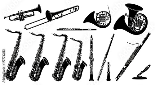 Collection of Musical Instruments Silhouette: Brass and Woodwind Instruments
