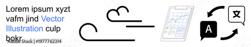 Language translation, global communication, multilingual education, digital tools, content creation, productivity enhancement. Wind and language icons, graph clipboard, translation symbols