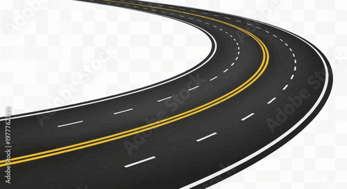 Curving asphalt road with yellow and white lines on a transparent background