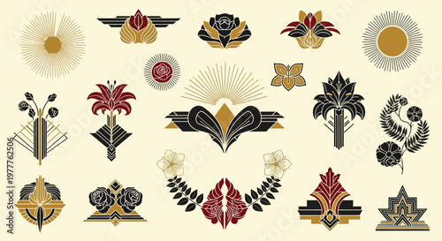 Art Deco Ornaments: Floral, Geometric, Sunburst Designs - Vintage Vector Elements