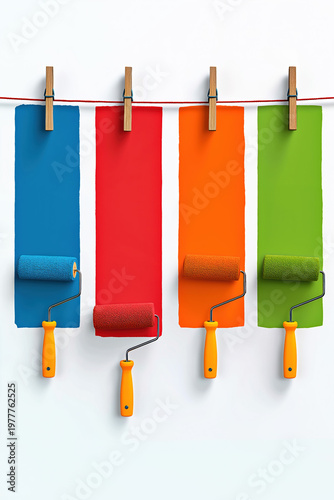 Four colorful paint roller stripes in red, blue, orange and green hanging from clothesline with wooden clothespins on white background