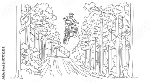 Mountain biker jumps over dirt ramp in forest, action shot, outdoor extreme sports