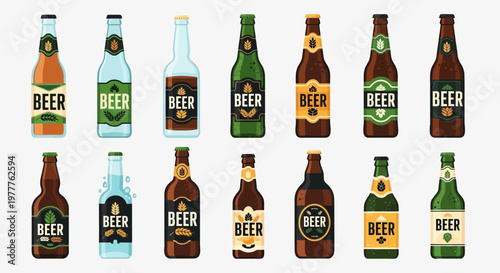 Assortment of Beer Bottles Collection, Variety of Craft Beer and Lager Drinks
