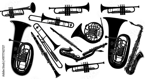 Black Silhouette of Assorted Musical Instruments - Brass and Woodwind Ensemble