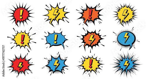 Comic Book Speech Bubbles with Exclamation Marks and Lightning Bolts