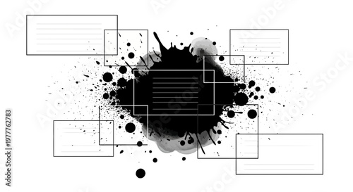 Black ink splash with text boxes for notes, abstract concept for ideas and planning