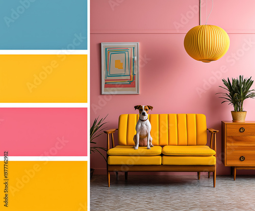 Retro living room with dog on yellow sofa against pink wall featuring mid-century furniture and matching blue-yellow-pink color palette sidebar