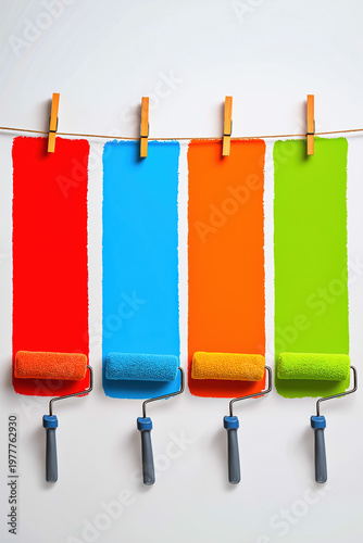 Four colorful paint roller stripes in red, blue, orange and green hanging from clothesline with wooden clothespins on white background