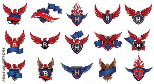 Eagle Emblems Shields Crests with Banners and Flames - Sports Logos and Heraldic Designs
