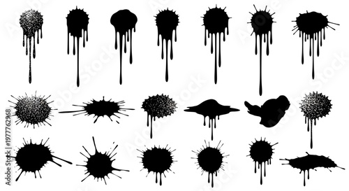 Black Ink Splatter and Drips Collection - Grunge, Abstract, Spray Paint Effects
