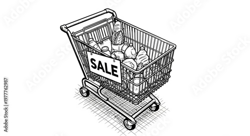 Shopping Cart Full of Groceries with a SALE Sign - Black and White Sketch
