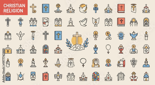 Christian Religion Icons Set: Cross, Bible, Dove, Church, Prayer Symbols Collection