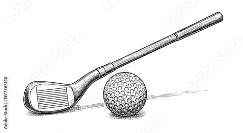 Vintage Golf Club and Ball Drawing - Classic Sport Equipment