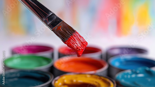 Close-up of a paintbrush dripping glossy paint over an open paint can with multiple paint cans blurred in background