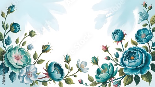 Elegant watercolor illustration of turquoise and white roses with lush green leaves arranged as a border around a soft pastel blue background for a delicate design.