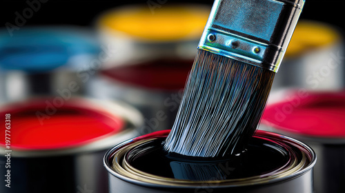 Close-up of a paintbrush dripping glossy paint over an open paint can with multiple paint cans blurred in background