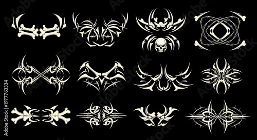 Gothic Bone Tribal Ornaments, Tattoo Designs, Dark Fantasy Art Elements