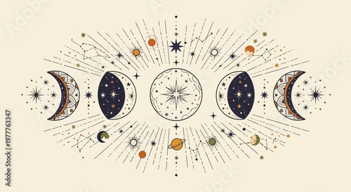 Celestial Phases Moon Cosmic Starry Night Sky Mystical Astronomy Illustration