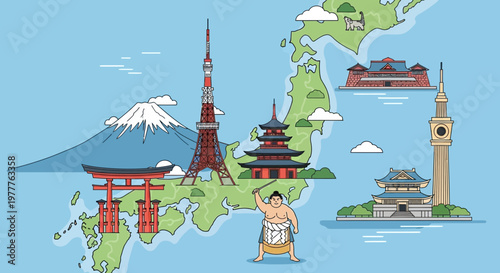 Japan Travel Map Icons: Landmarks, Sumo, Mt Fuji, Pagoda, Torii Gate