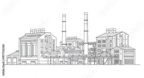 Industrial Factory Building with Chimneys and Windows - Line Art Illustration
