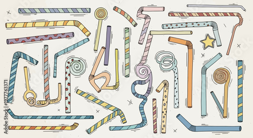 Colorful Collection of Assorted Drinking Straws, Party Supplies, and Fun Shapes