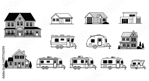 Diverse Housing Collection: Houses and RVs, Architectural Styles, Residential Property Types
