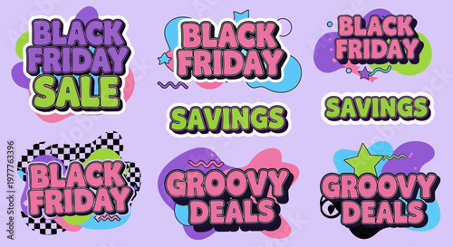 Groovy Black Friday Sale Savings Stickers - Retro Vibes, Funky Design, Discount Offers