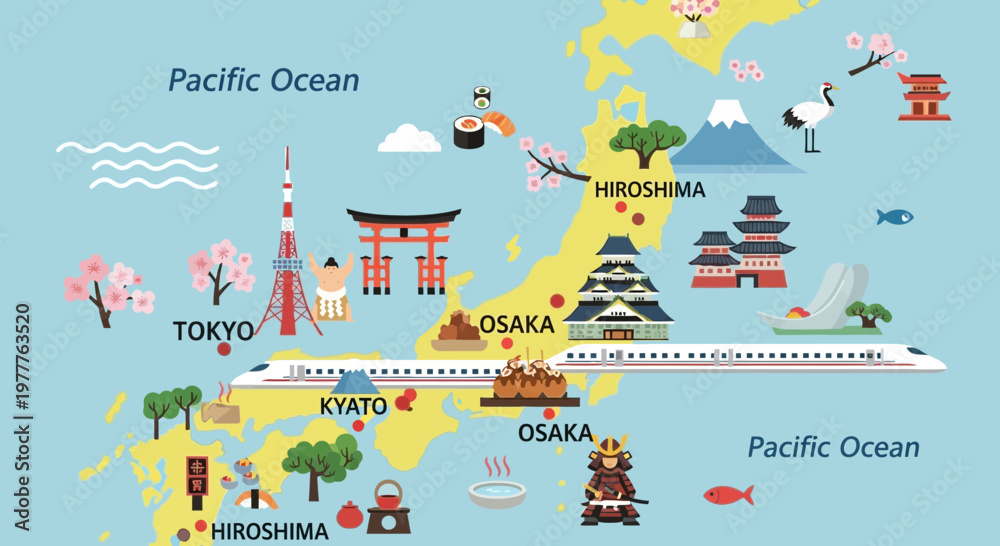 Naklejka premium Japan Travel Map: Famous Landmarks, Culture, and Shinkansen Train