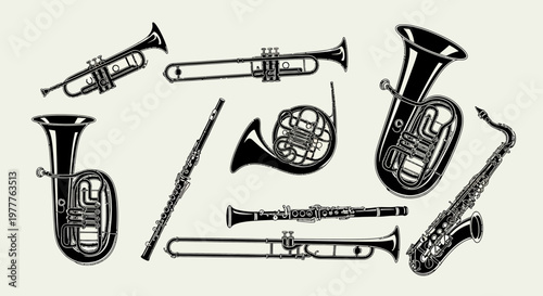 Vintage Musical Instruments Collection: Brass and Woodwind Orchestra Silhouette